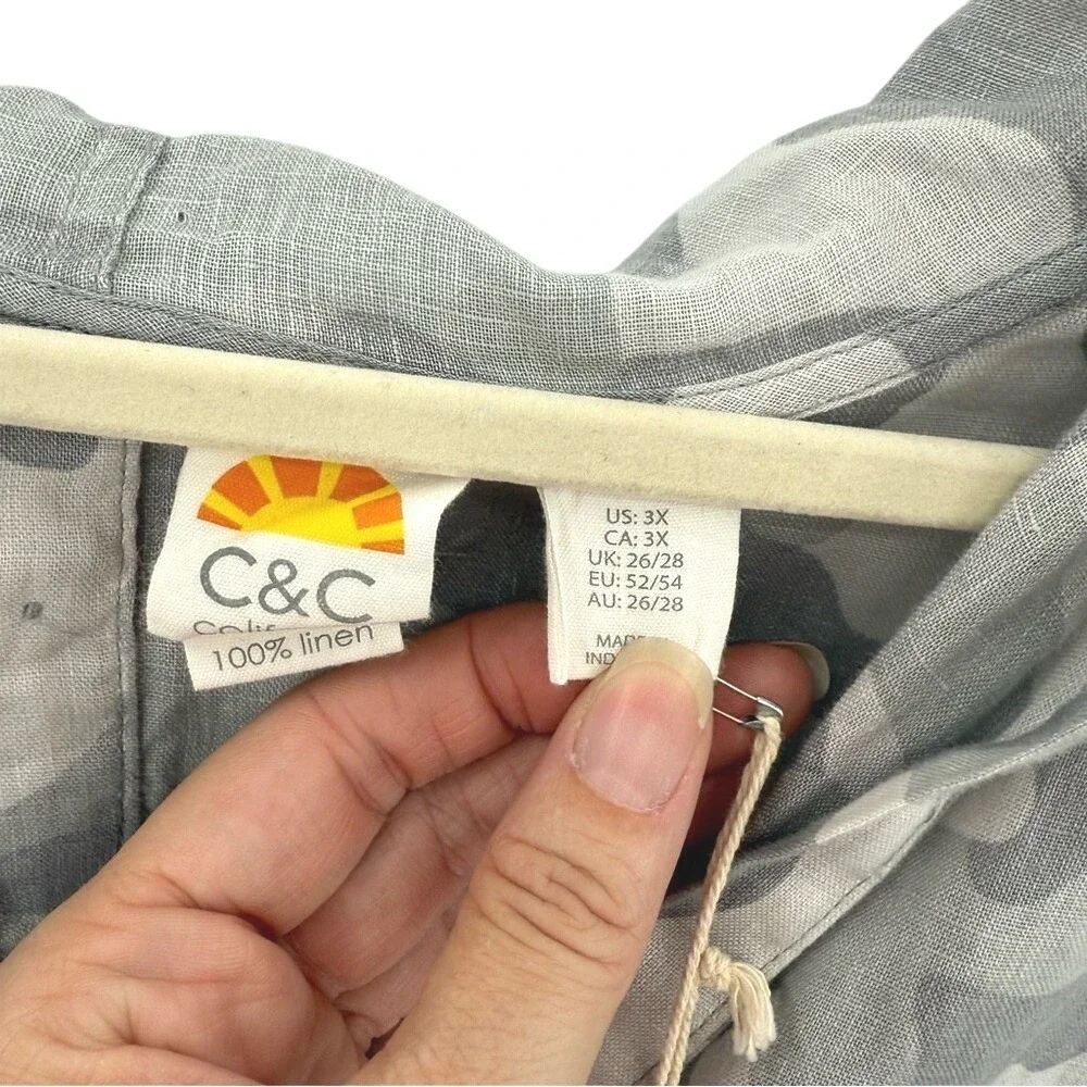 C&C California Linen Camo Hoodie Tunic Top Gray 3X New